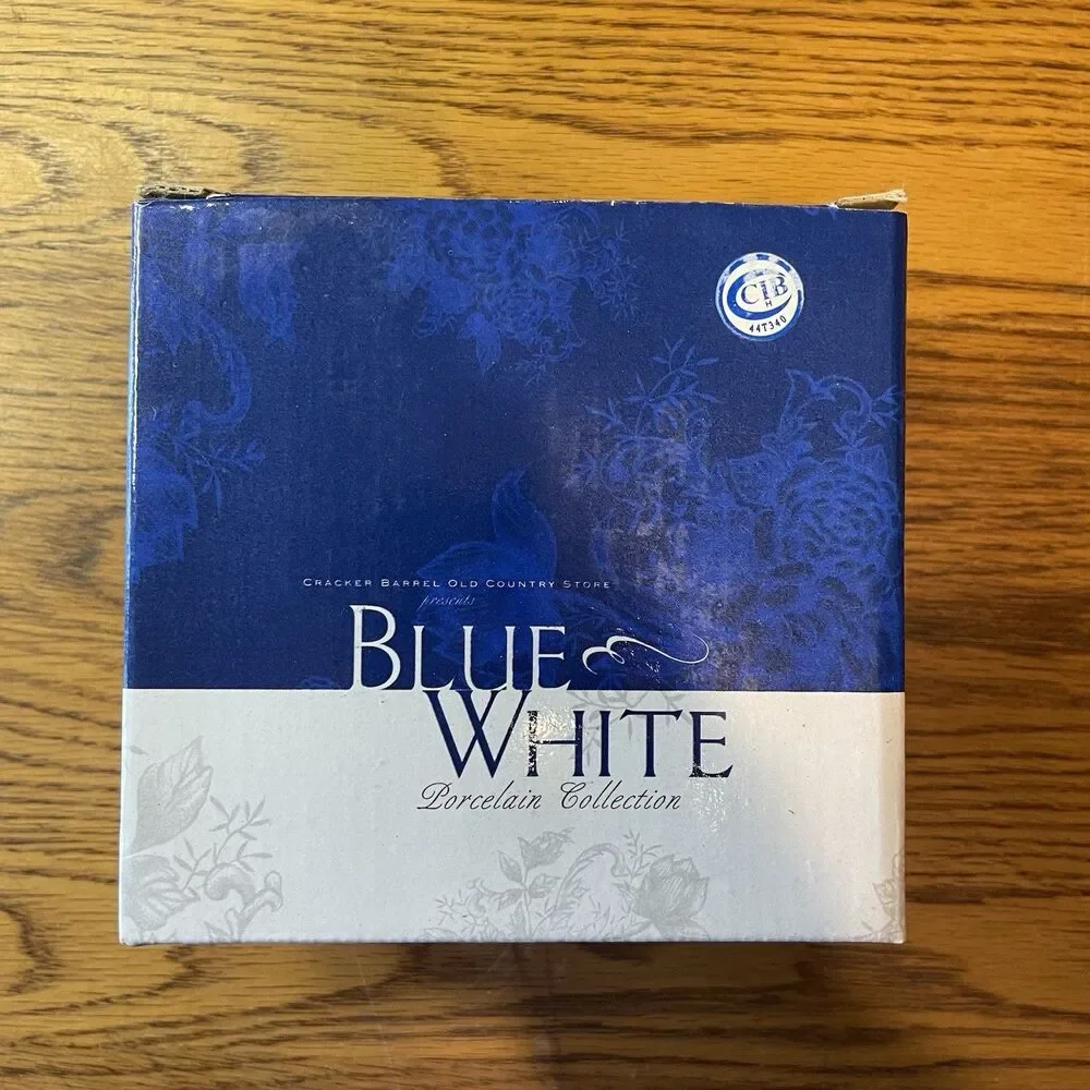 Cracker Barrel Blue & White Porcelain Teacup & Saucer Set Floral New In Box